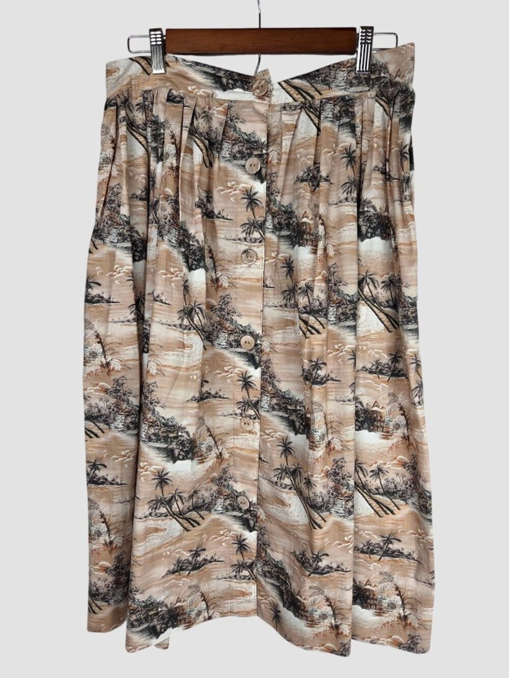 Cara Cara Marge Pleated Midi Skirt Sz L Hawaiian Beige‎ Button Front Retro EUC